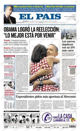 El País de Montevideo, Uruguay: Obama logró la reelección: "Lo mejor está por venir".
