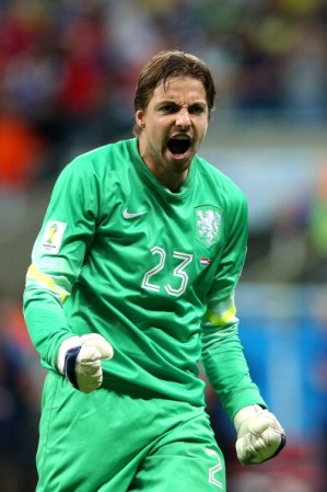 SALVADOR, BRAZIL - JULY 05: Goalkeeper Tim Krul of the Netherlands celebrates after making a save on a penalty kick by Bryan Ruiz of Costa Rica (not pictured) during a shootout in the 2014 FIFA World Cup Brazil Quarter Final match between the Netherlands and Costa Rica at Arena Fonte Nova on July 5, 2014 in Salvador, Brazil. (Photo by Dean Mouhtaropoulos/Getty Images)