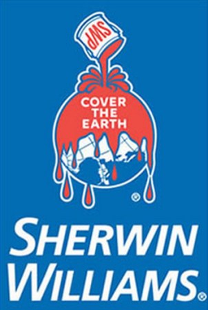 El logo de Sherwin adoptado en 1906, la intención es buena, pero puede desviarse a un interpretación violenta al cubrir el mundo de rojo.