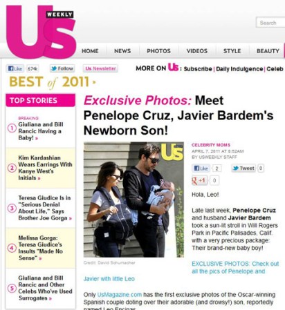 La actriz española Penélope Cruz y su esposo, el actor Javier Bardem, tuvieron a su primer hijo, Leo Encinas Bardem, el 22 de enero del 2011.