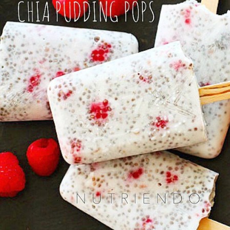 Paletas de pudín de chía: Ingredientes: • 1 taza de leche de almendras sin azúcar • 3/4 taza de frambuesas • 2 cucharadas de semillas de chía • 1 cucharada de coco rallado endulzado • 8 gotas de stevia líquido (o stevia / miel al gusto). Instrucciones: combina todos los ingredientes en un recipiente grande. Mezcla bien y guarda en contenedores. Refrigera 4 horas. Disfruta!!