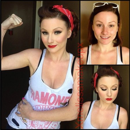 Veruca James antes y después del maquillaje.