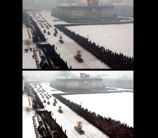 Varios medios de comunicación tuvieron que quitar la foto del funeral de Kim Jong-Il, después de que unas personas en la parte izquierda fueron retocadas y eliminadas.