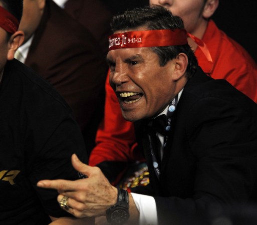 LAS VEGAS, NV - SEPTEMBER 15: Julio Cesar Chavez Sr. yells in the corner of Julio Cesar Chavez Jr. while he battles Sergio Martinez in the sixth round of their WBC middleweight title fight at the Thomas & Mack Center on September 15, 2012 in Las Vegas, Nevada. (Photo by Jeff Bottari/Getty Images)