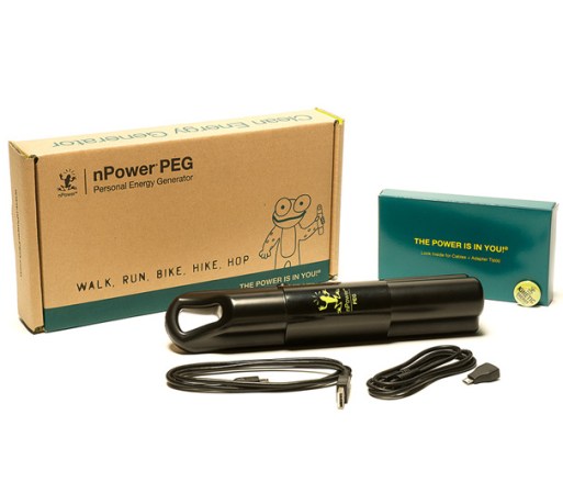 El generador de energía personal (PEG) almacena tu energía cinética al caminar, correr o andar en bicicleta para que pueda alimentar su dispositivo móvil donde quiera que estés .<br />Disponible en npowerpeg.com , $ 130.