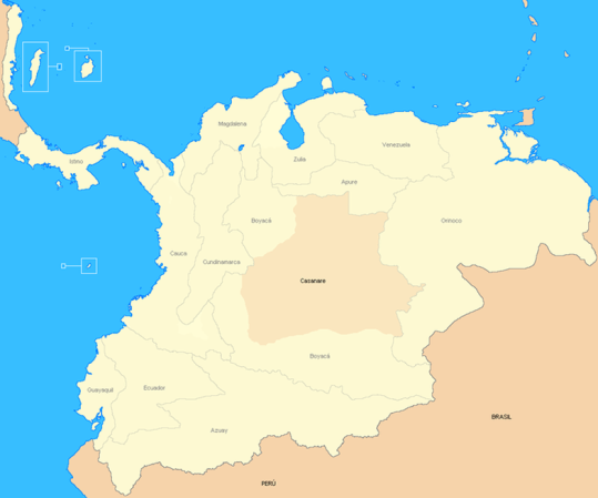 Gobierno Unido del Casanare. Mapa del efímero estado independiente que existió en los Llanos de la Gran Colombia.