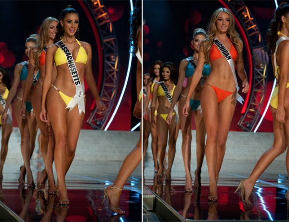 Las candidatas desfilan en traje de baño durante las etapas preliminares del certamen Miss USA.