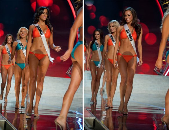 Las candidatas desfilan en traje de baño durante las etapas preliminares del certamen Miss USA.