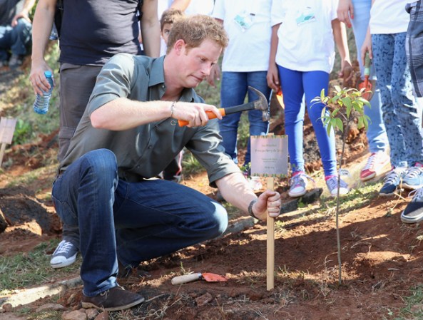 El príncipe Harry planta árboles en su visita a la selva de Cota 200 en Brasil.