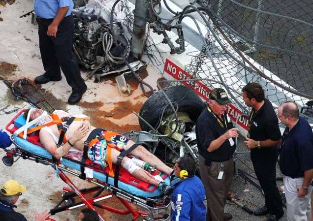 DAYTONA BEACH, FL - FEBRUARY 23: Medical officials remove an injured fan from the stands following an incident at the finish of the NASCAR Nationwide Series DRIVE4COPD 300 at Daytona International Speedway on February 23, 2013 in Daytona Beach, Florida. (Photo by Jonathan Ferrey/Getty Images)
