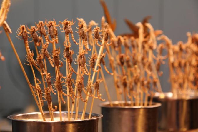 Brochets de alacrán. Son un raro plato chino no apto para impresionables. No tienen carne así que lo mejor es que disfrutes su gusto salado mordiendo su dura piel dentro de tu boca.