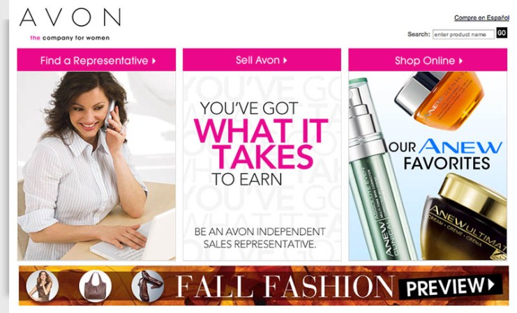 Avon <br /><br />Industria: Venta de cosméticos <br /><br />Puestos de trabajo: Representante de ventas <br /><br />Las plazas son para: Arizona, Los Ángeles, NY, California, Georgia, Illinois, Florida, Pennsylvania