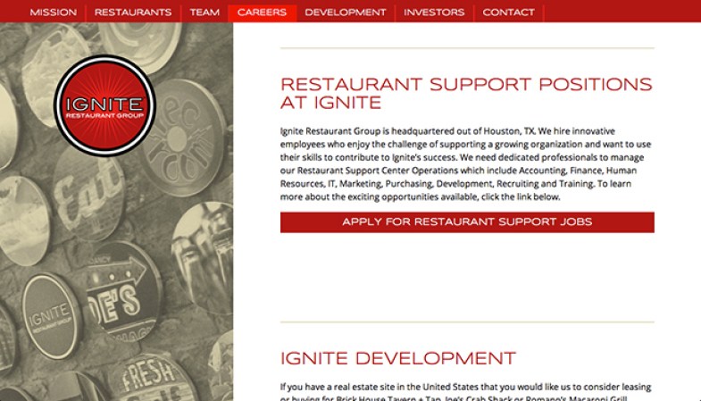 Ignite Restaurant Group<br /><br />Industria: Restaurantes<br /><br />Puestos de trabajo: Cocineros, Bartenders, Lavaplatos, Hotest<br /><br />Las plazas son para: Texas, Nueva York, Illinois