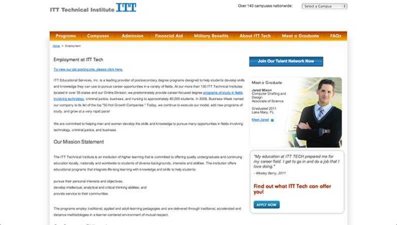 ITT Technical Institute <br /><br />Industria: Educación, Enseñanza <br /><br />Puestos de trabajo: Profesores, Especialistas en Servicio de Carreras, Personal de Biblioteca, Secretarias <br /><br />Las plazas son para: California, Texas, Florida