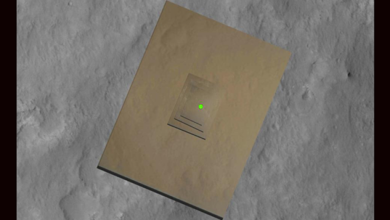 Esta imagen muestra la ubicación (el punto verde), donde los científicos estiman que el robot de la NASA aterrizó en Marte en el cráter Gale.