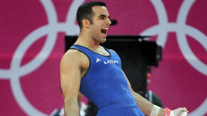 Día 5: El gimnasta estadounidense Danell Leyva –de origen cubano–, celebra al ver el puntaje que le diera la medalla de bronce en el All-Around individual.