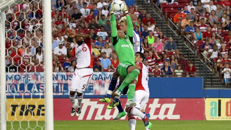 FRISCO, TX - JULY 4: Milos Kocic #30 of Toronto FC makes a save against FC Dallas at FC Dallas Stadium on July 4, 2012 in Frisco, Texas. (Photo by Layne Murdoch/Getty Images)