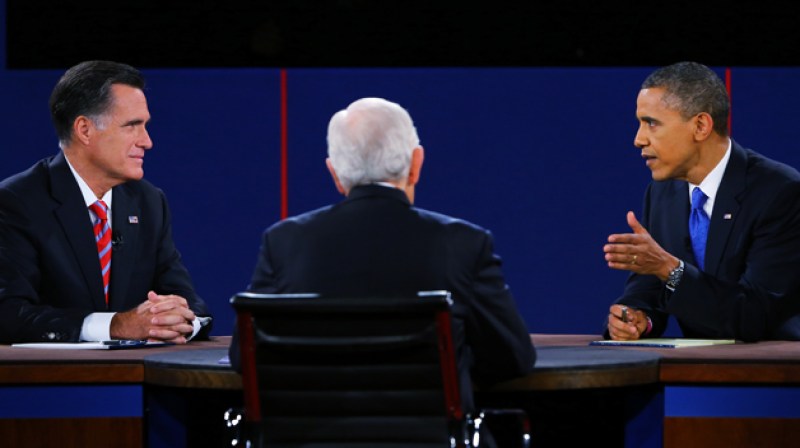 BOCA RATON, FL - OCTOBER 22: U.S. President Barack Obama (R) debates with Republican presidential candidate Mitt Romney as moderator Bob Schieffer (C) of CBS looks on at the Keith C. and Elaine Johnson Wold Performing Arts Center at Lynn University on October 22, 2012 in Boca Raton, Florida. The focus for the final presidential debate before Election Day on November 6 is foreign policy. (Photo by Joe Raedle/Getty Images)