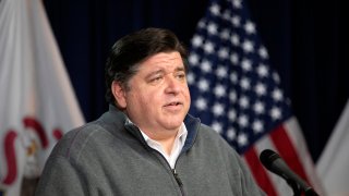 Illinois Gov. J.B. Pritzker speaks during the daily press briefing regarding the coronavirus