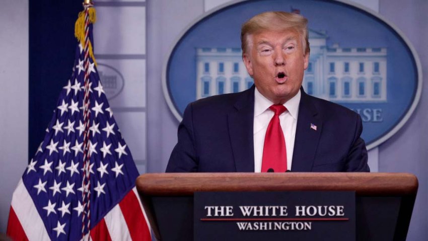 In this April 9, 2020, file photo, U.S. President Donald Trump speaks at the daily coronavirus briefing in the Brady Press Briefing Room at the White House in Washington, DC.