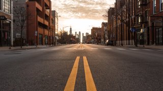 Chicago City, Illinois: April 6, 2020. Morning during the lockdown of the city during the stay at home mandate. Chicago City empty streets under the coronavirus. City under lockdown.