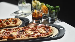 pizza and drinks on bar