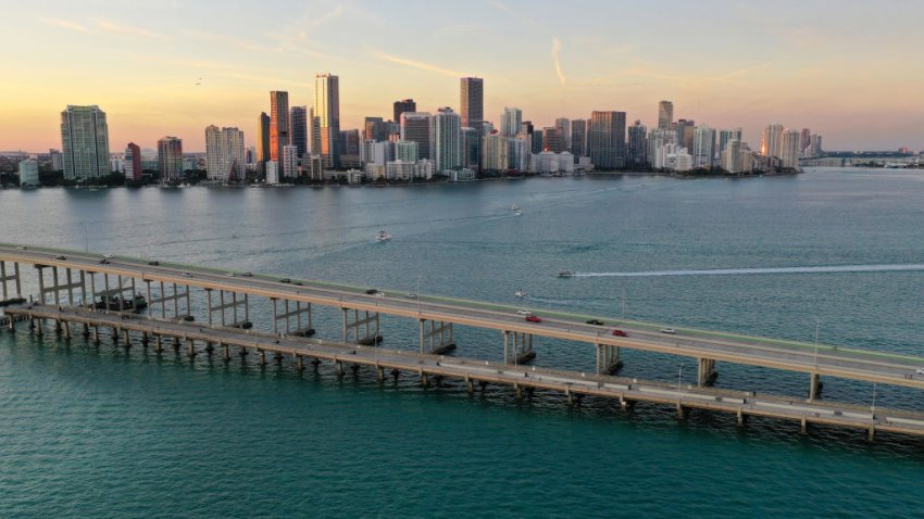 A view of Rickenbacker Causeway, central Miami and Biscayne Bay.