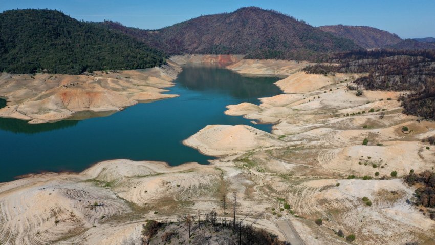 In an aerial view, low water levels are visible at Lake Oroville on June 01, 2021 in Oroville, California.