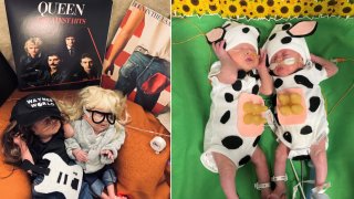 Foto de bebes prematuros vistiendo de personajes de Waynes World y vacas.