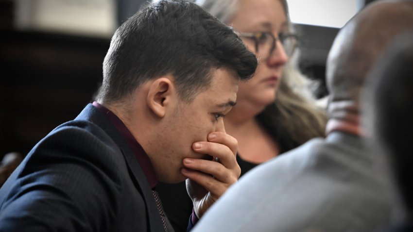 Kyle Rittenhouse reacts as he is found not guilty on all counts at the Kenosha County Courthouse on Nov. 19, 2021 in Kenosha, Wisconsin.