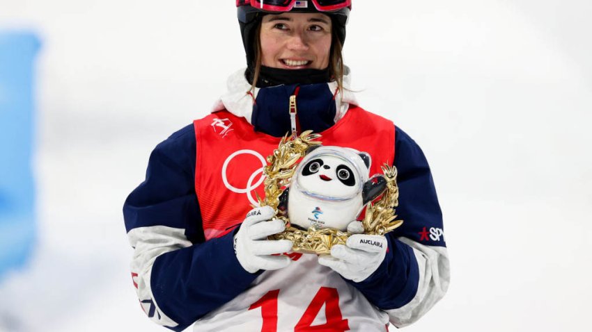 ZHANGJIAKOU, CHINA – FEBRUARY 6, 2022: Silver medallist Jaelin Kauf of the United States is seen during the flower ceremony for the women’s moguls final at Genting Snow Park during the 2022 Winter Olympic Games. Sergei Bobylev/TASS (Photo by Sergei BobylevTASS via Getty Images)