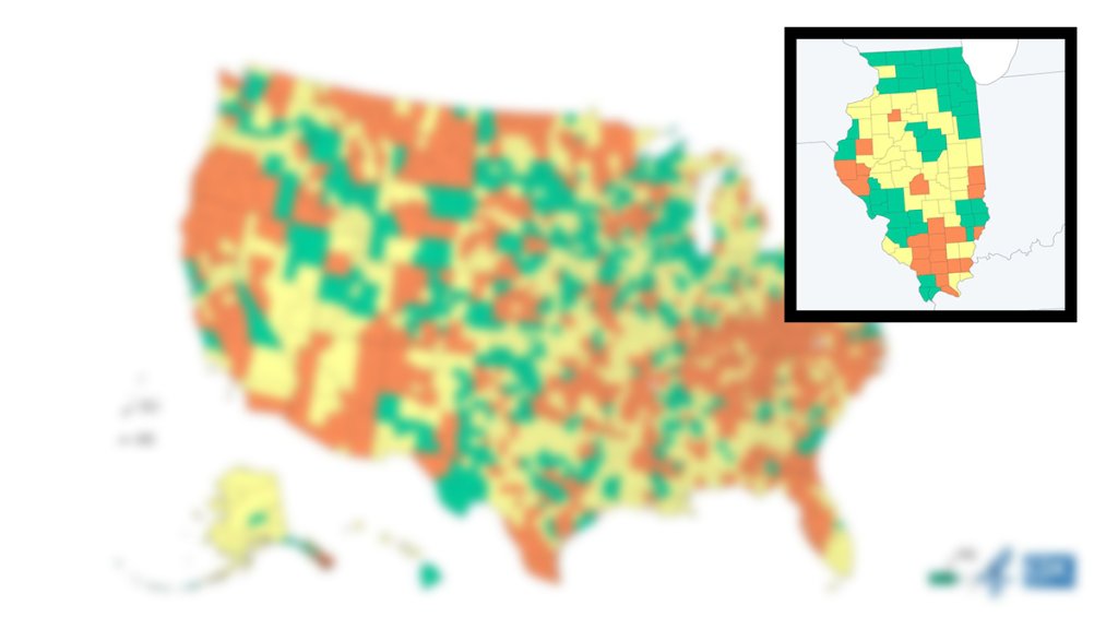 Mapa de Illinois con los condados en diferentes colores.