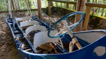 GARMISCH-PARTENKIRCHEN, GERMANY - AUGUST 11: The abandoned Historic Bobsleigh Track for the Olympic Winter Games in Garmisch-Partenkirchen 1936 on August 11, 2021 in Garmisch-Partenkirchen, Germany. The Bobsleigh track was constructed in 1910 and was renovated in 1933 before being used for the Olympic Winter Games in Garmisch-Partenkirchen in 1936. The track was demolished in 1966, but remnants of the track can be seen on sleigh rides near the lake. (Photo by Athanasios Gioumpasis/Getty Images)