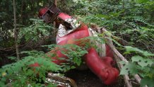 This photo taken on July 20, 2018 shows Huanhuan, one of five mascots for the 2008 Beijing Olympic Games, lying amongst trees behind an abandoned, never-completed mall in Beijing. - A decade after Beijing hosted the 2008 Olympics, its legacy remains unmistakable from the smallest alleyways in the Chinese capital to the country's growing clout abroad. For better or worse, the Games changed the face of Beijing: from the iconic Bird's Nest stadium to the countless blocks of ancient homes bulldozed in an Olympic building frenzy. (Photo by GREG BAKER / AFP) / TO GO WITH China-politics-Olympics-anniversary,FOCUS by Ben Dooley        (Photo credit should read GREG BAKER/AFP via Getty Images)