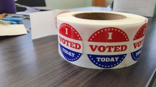 "I Voted" stickers on a roll at a New Jersey polling place on June 7, 2022