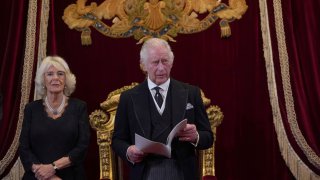 King Charles III and Camilla, Queen Consort, seen at the Accession Council at St James's Palace, London, Sept. 10, 2022. King Charles III was formally proclaimed monarch in a historic ceremony televised for the first time.