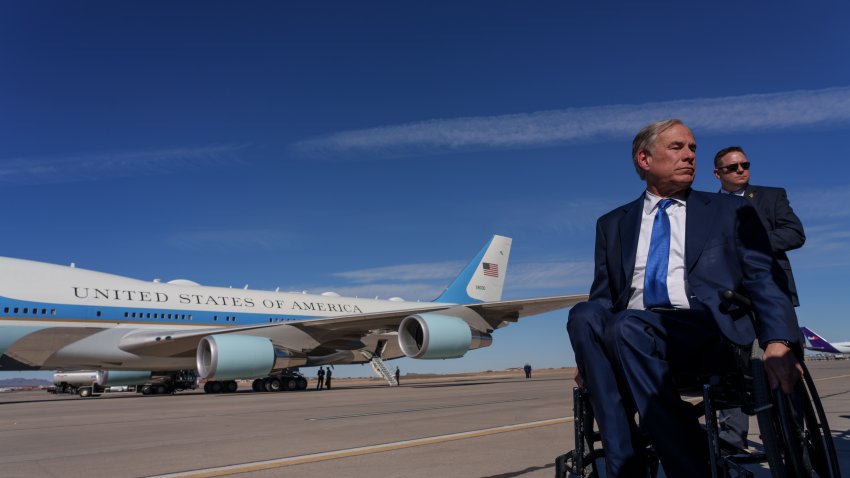 Greg Abbott, governor of Texas, speaks to members of the media after the arrival of US President Joe Biden at El Paso International Airport in El Paso, Texas, US, on Sunday, Jan. 8, 2023. Biden will see first-hand conditions for migrants and the US officials who process them as they cross from Mexico during his first presidential visit to the US and Mexico border. Photographer: Paul Ratje/Bloomberg via Getty Images