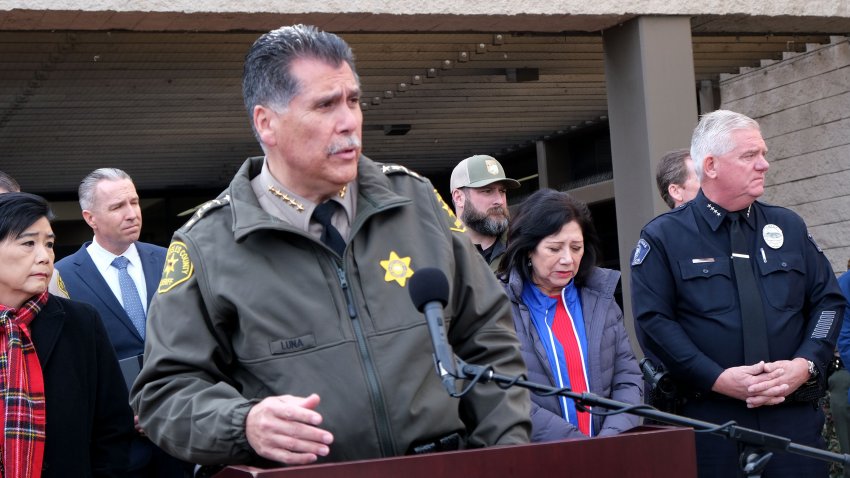 Monterey Park, CA – January 23: Los Angeles County Sheriff Robert G. Luna, Homicide Bureau Captain Andrew Meyer; FBI Assistant Director Donald Alway, Los Angeles Field Office; Monterey Park Mayor Henry Lo; Monterey Park City Manager Ron Bow; Monterey Park Chief of Police Scott Wiese and County and Community Leaders discuss the recent mass shooting that occurred in Monterey Park at the Monterey Park City Hall on Sunday, Jan. 22, 2023.   (Photo by Dean Musgrove/Los Angeles Daily News via Getty Images)