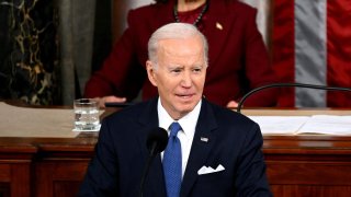 US Vice President Kamala Harris and US Speaker of the House Kevin McCarthy (R-CA) listen as US President Joe Biden delivers remarks during the State of the Union address in the House Chamber of the US Capitol in Washington, DC, on February 7, 2023.