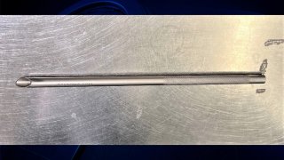 A weapon called a "Vampire straw" taken from a passenger's carry-on bag at Boston Logan International Airport on Sunday, April 23, 2023.