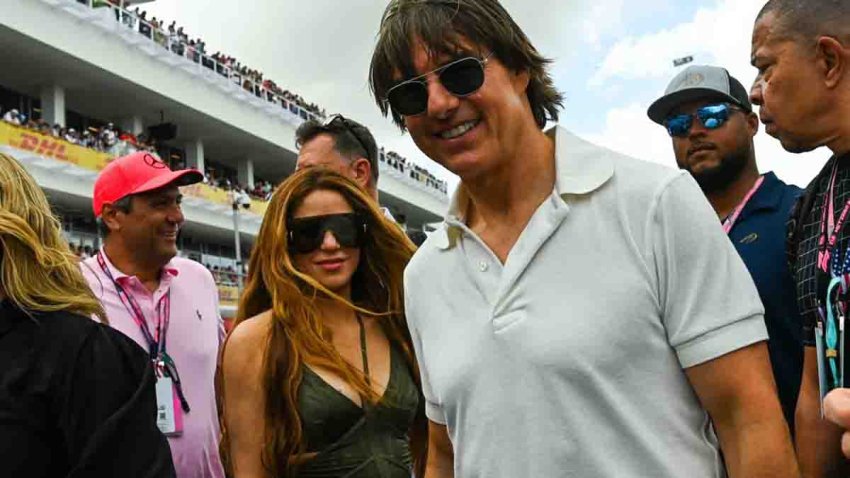 US actor Tom Cruise (R) and Colombian singer Shakira (L) attend the 2023 Miami Formula One Grand Prix at the Miami International Autodrome in Miami Gardens, Florida, on May 7, 2023. (Photo by CHANDAN KHANNA / AFP) (Photo by CHANDAN KHANNA/AFP via Getty Images)