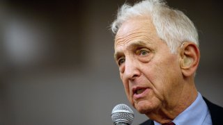 Daniel Ellsberg speaks during a press conference at the Park Plaza hotel in London, October 23, 2010.