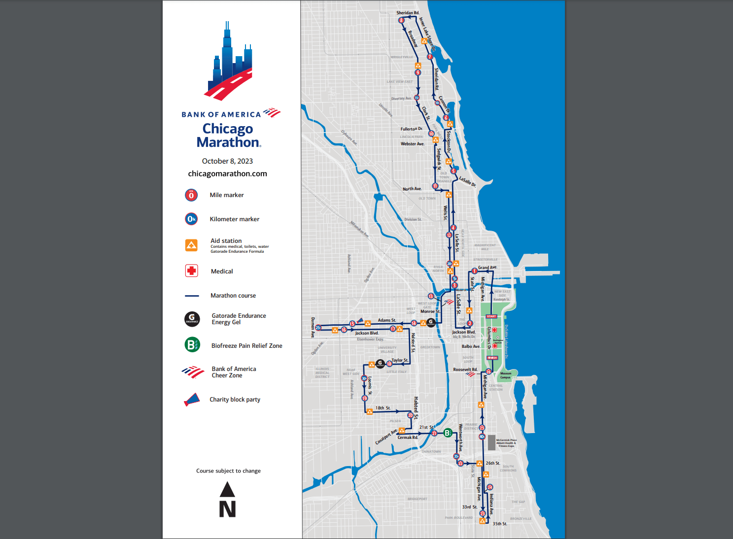 Mapa del recorrido de la maratón de Chicago 2023.