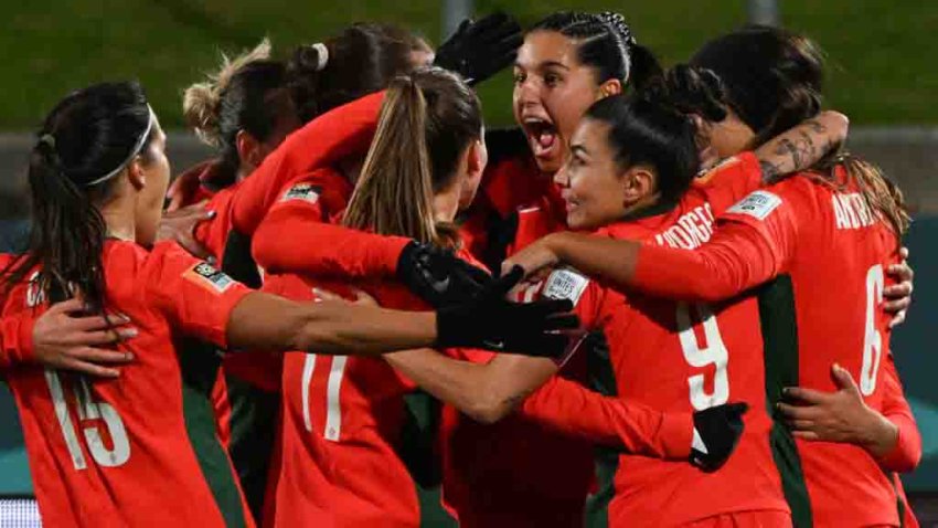 Portugal’s midfielder #20 Kika Nazareth (C) celebrates with her teammates after scoring her team’s second goal during the Australia and New Zealand 2023 FIFA Women’s World Cup Group E football match between Portugal and Vietnam at Waikato Stadium in Hamilton on July 27, 2023. (Photo by Saeed KHAN / AFP) (Photo by SAEED KHAN/AFP via Getty Images)