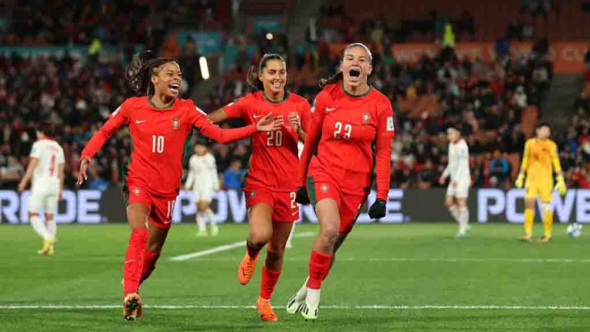 HAMILTON, NEW ZEALAND – JULY 27: Telma Encarnacao (R) of Portugal celebrates with teammates Jessica Silva (L) and Kika Nazareth (C) after scoring her team’s first goal during the FIFA Women’s World Cup Australia & New Zealand 2023 Group E match between Portugal and Vietnam at Waikato Stadium on July 27, 2023 in Hamilton, New Zealand. (Photo by Jan Kruger – FIFA/FIFA via Getty Images)