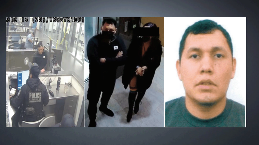 The suspect crossing back into the U.s. the same night he allegedly killed a sex worker in Tijuana (Left); The suspect pictured with the victim by surveillance cameras at La Cascada Hotel where the victim was found dead (center); a headshot of the suspect Bryant Rivera, according to the U.S. Attorney’s Office (right).