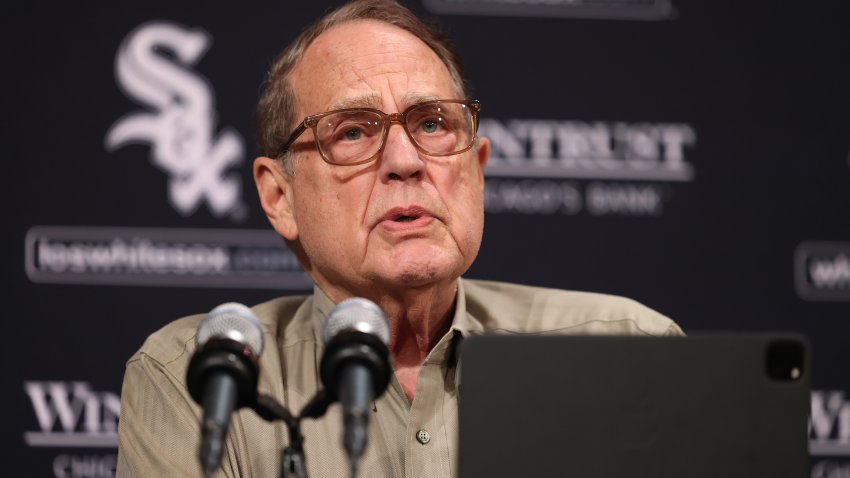 Jerry Reinsdorf, Chicago White Sox chairman, addresses reporters before introducing Chris Getz, senior vice president and general manager, at a news conference to announce Getz’s promotion to the new positions at Guaranteed Rate Field on Thursday, Aug. 31, 2023, in Chicago. (John J. Kim/Chicago Tribune/Tribune News Service via Getty Images)