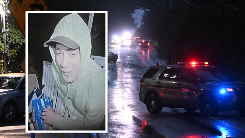 KENNETT SQUARE, PENNSYLVANIA – SEPTEMBER 9: Police monitor a wooded perimeter in the rain on day 10 of a manhunt for convicted murderer Danelo Cavalcante on September 9, 2023 in Kennett Square, Pennsylvania. Cavalcante escaped from Chester County Prison on August 31.  (Photo by Mark Makela/Getty Images)