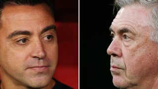 Head Coach Xavi Hernandez of FC Barcelona (L) and Head Coach Carlo Ancelotti of Real Madrid CF.