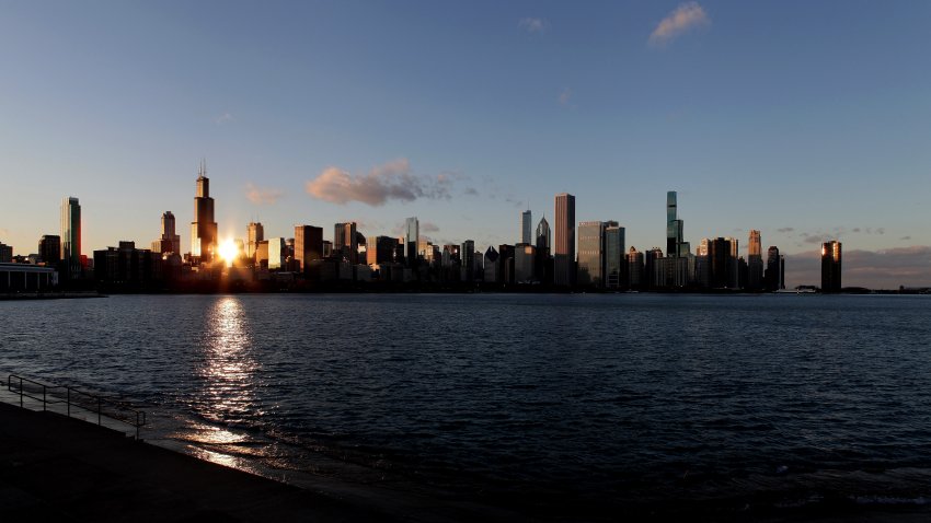 CHICAGO – DECEMBER 04:  The sun reflects off buildings during a winter sunset along the Chicago Skyline in Chicago, Illinois on December 4, 2019.  (Photo By Raymond Boyd/Getty Images)